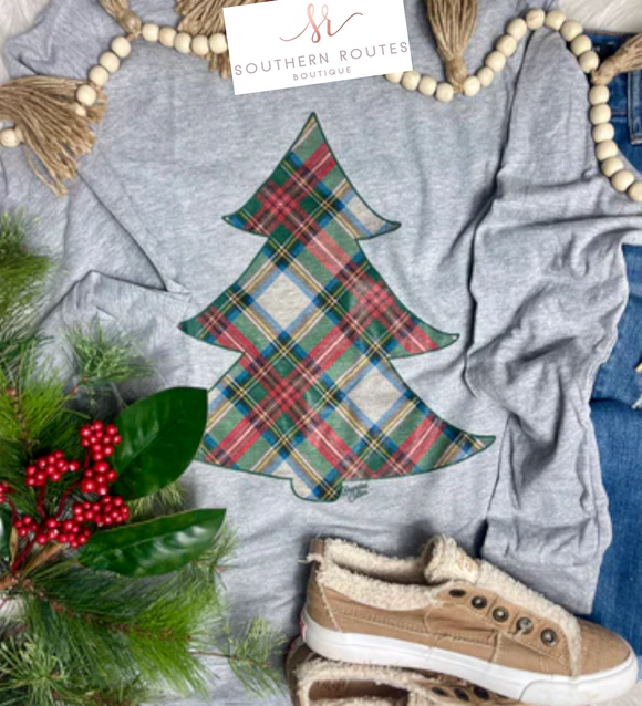 Plaid Christmas Tree Long Sleeve Tee | Heather Grey