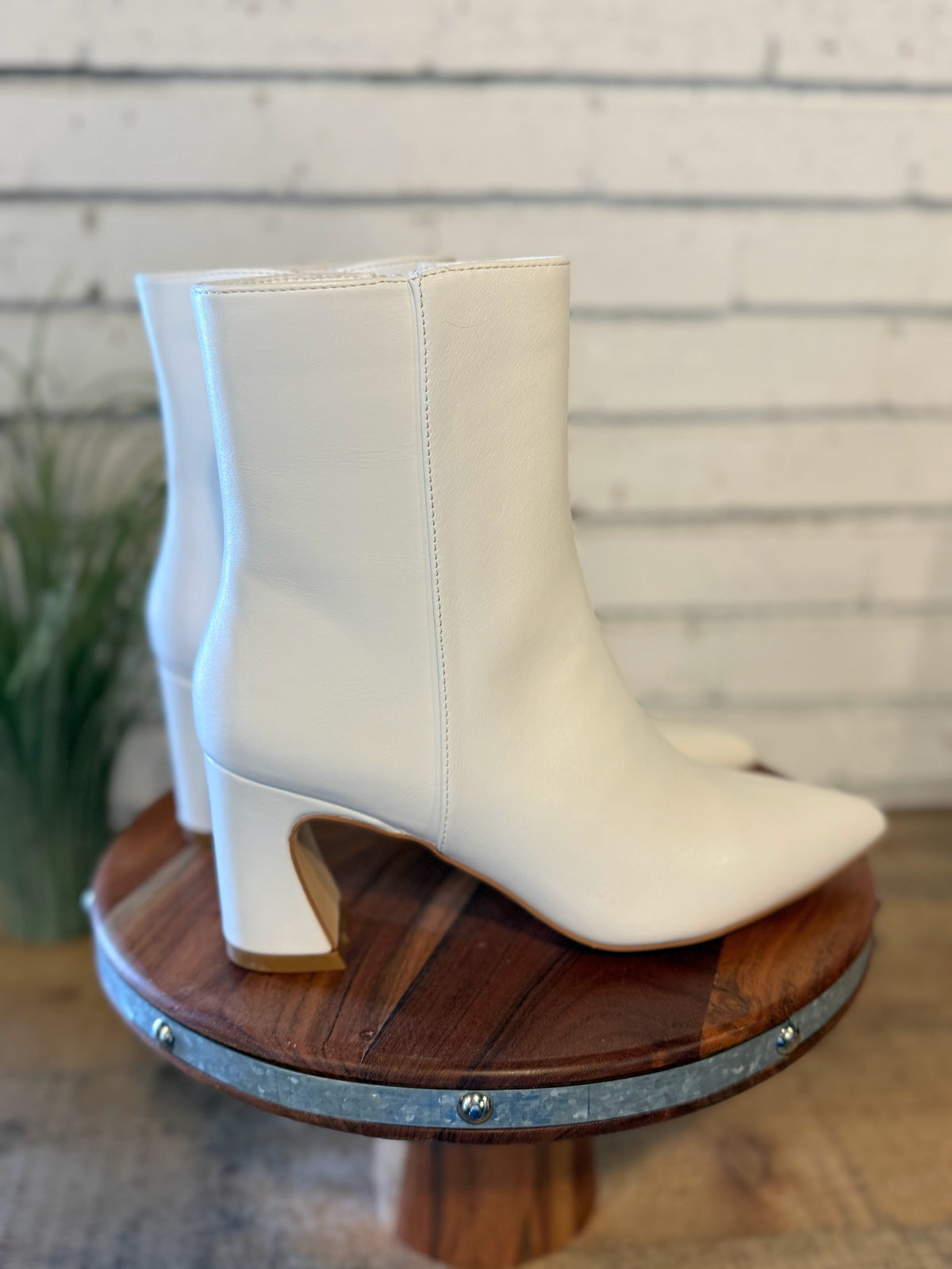 The Gaia Pointed Toe Block Heel Bootie | White