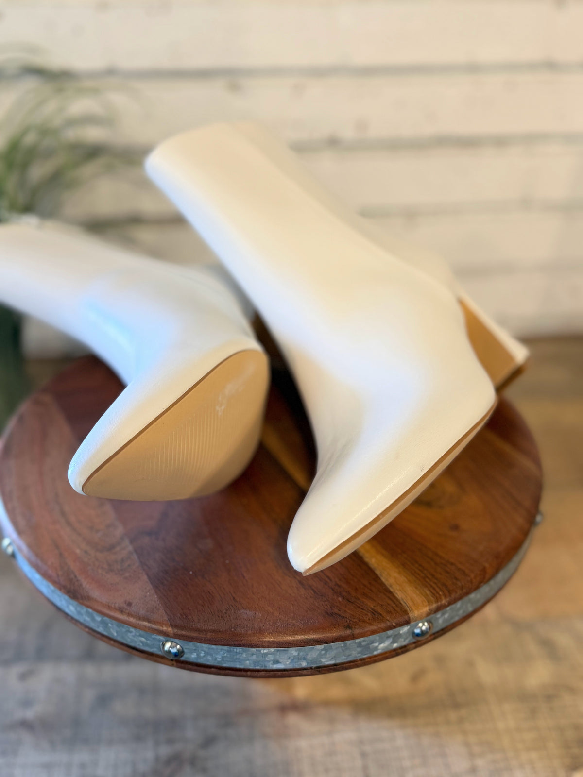 The Gaia Pointed Toe Block Heel Bootie | White