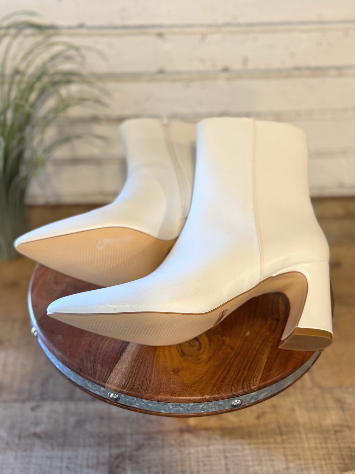 The Gaia Pointed Toe Block Heel Bootie | White