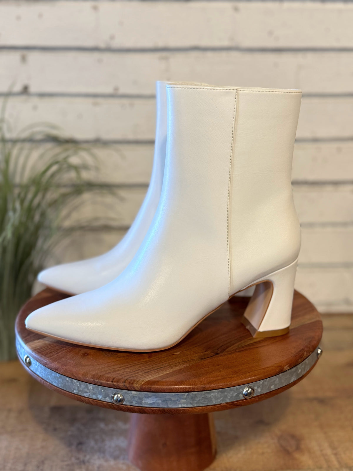 The Gaia Pointed Toe Block Heel Bootie | White