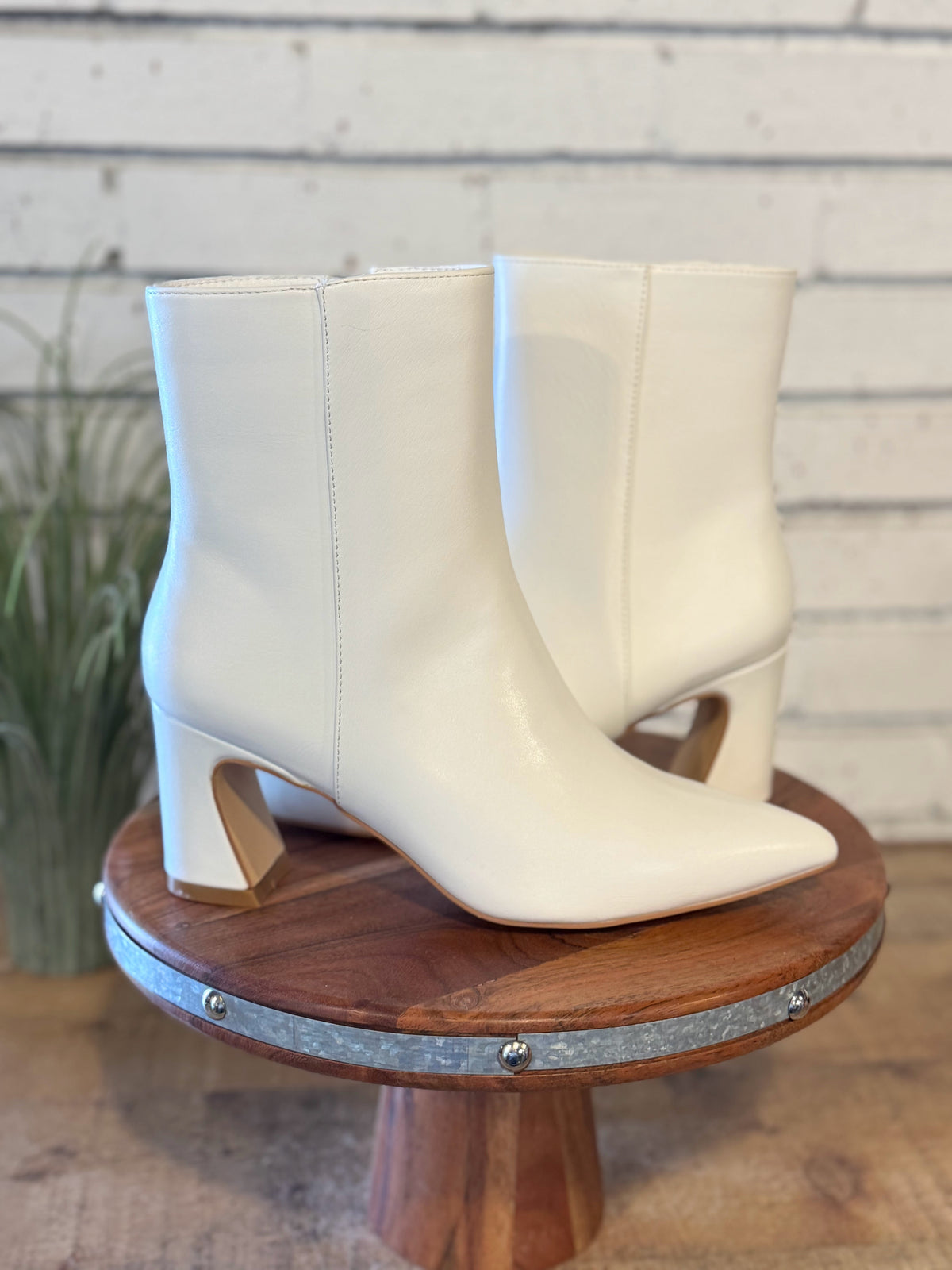 The Gaia Pointed Toe Block Heel Bootie | White