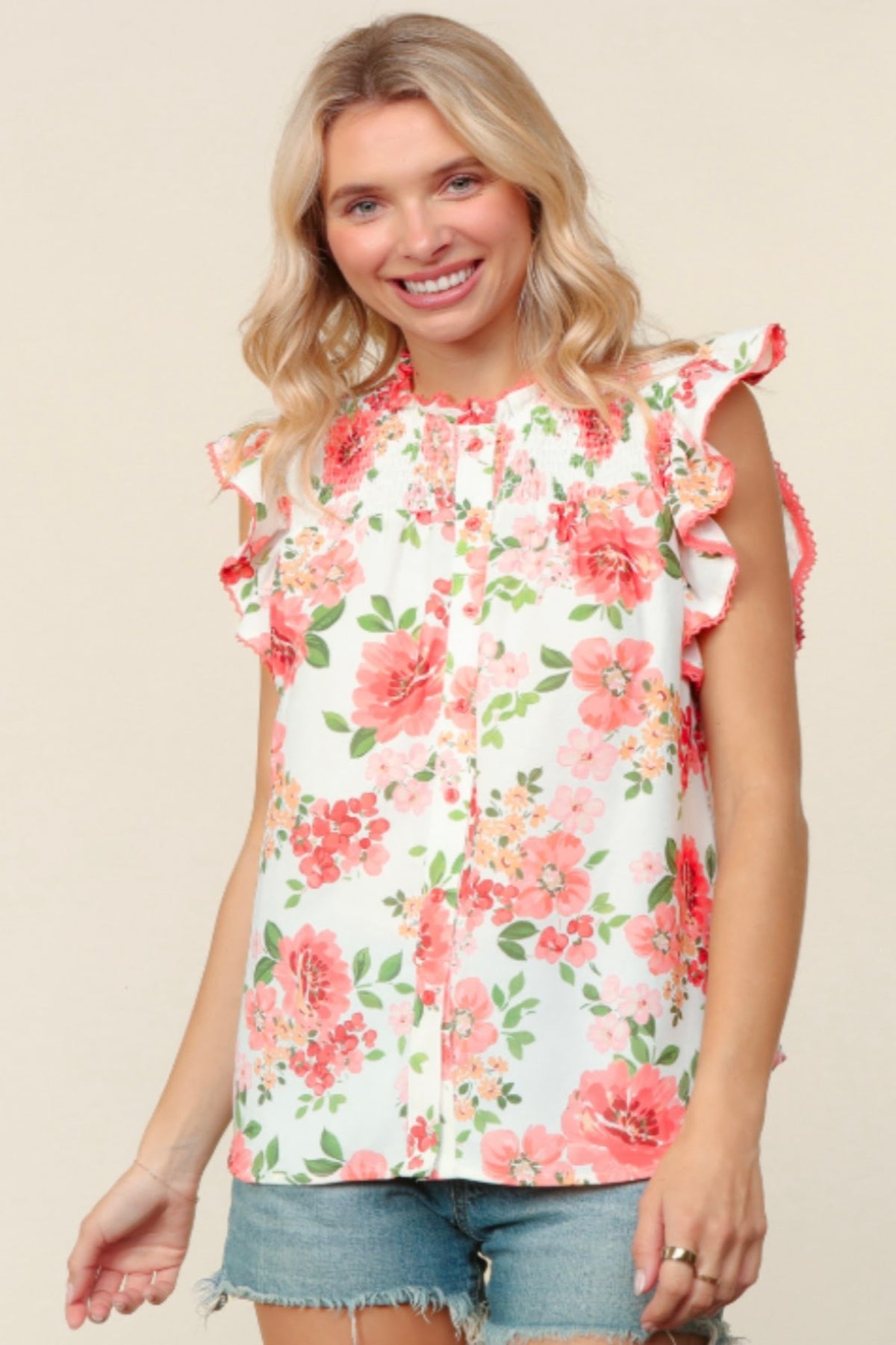 Frilled Floral Mock Neck Top | Ivory/Coral