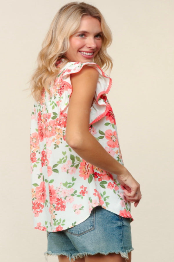 Frilled Floral Mock Neck Top | Ivory/Coral