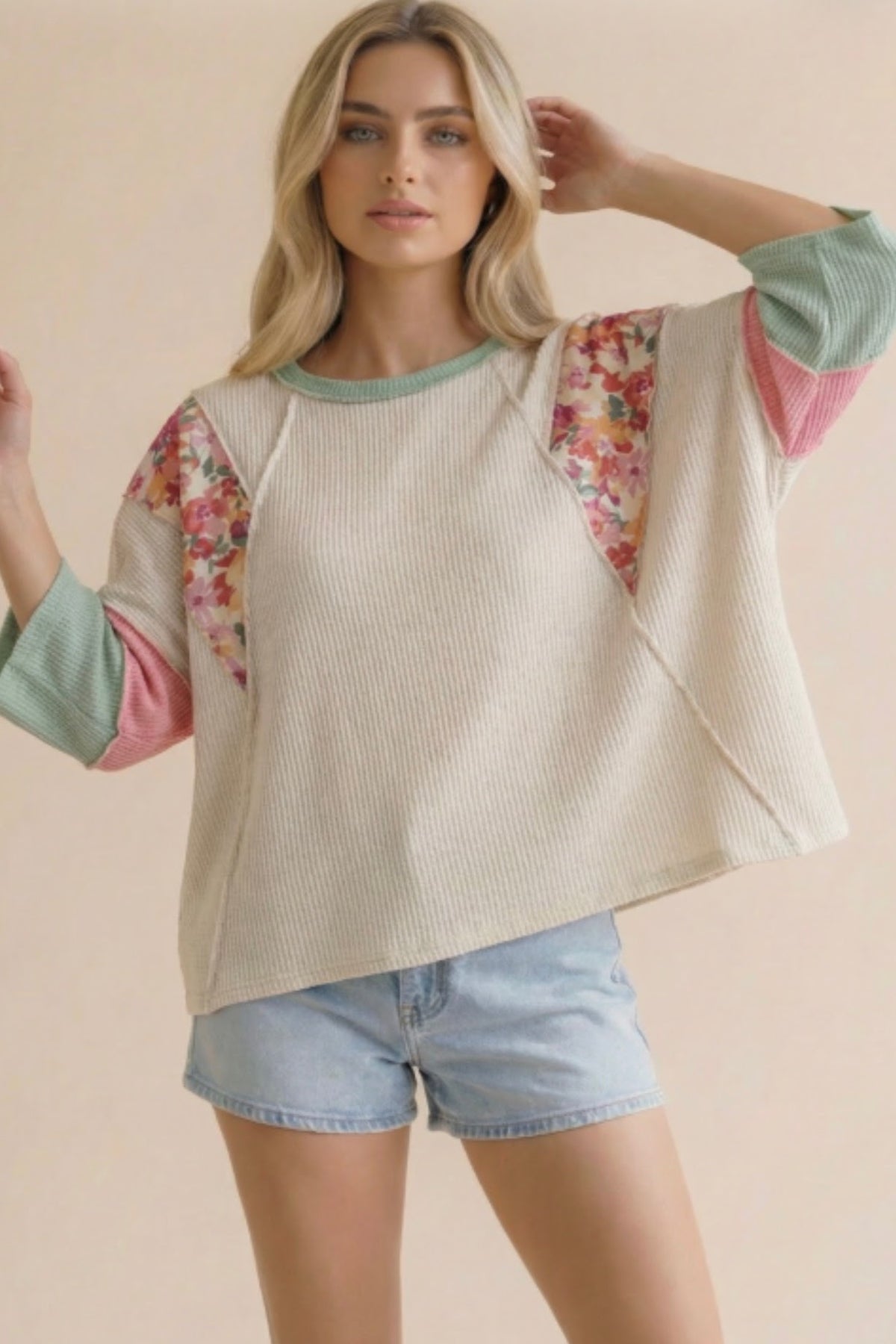 Ribbed Floral Loose Fit Top | Oatmeal/Coral/Sage