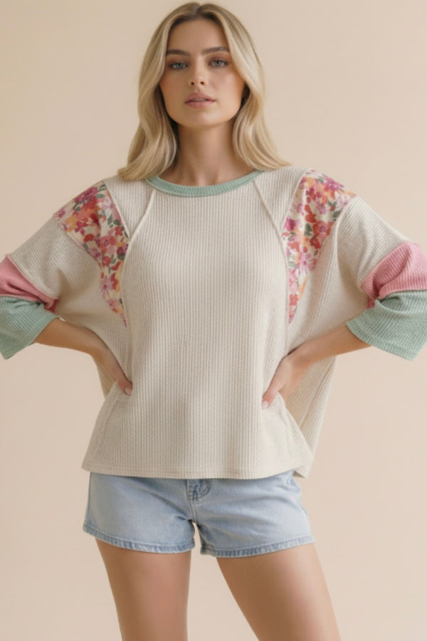 Ribbed Floral Loose Fit Top | Oatmeal/Coral/Sage