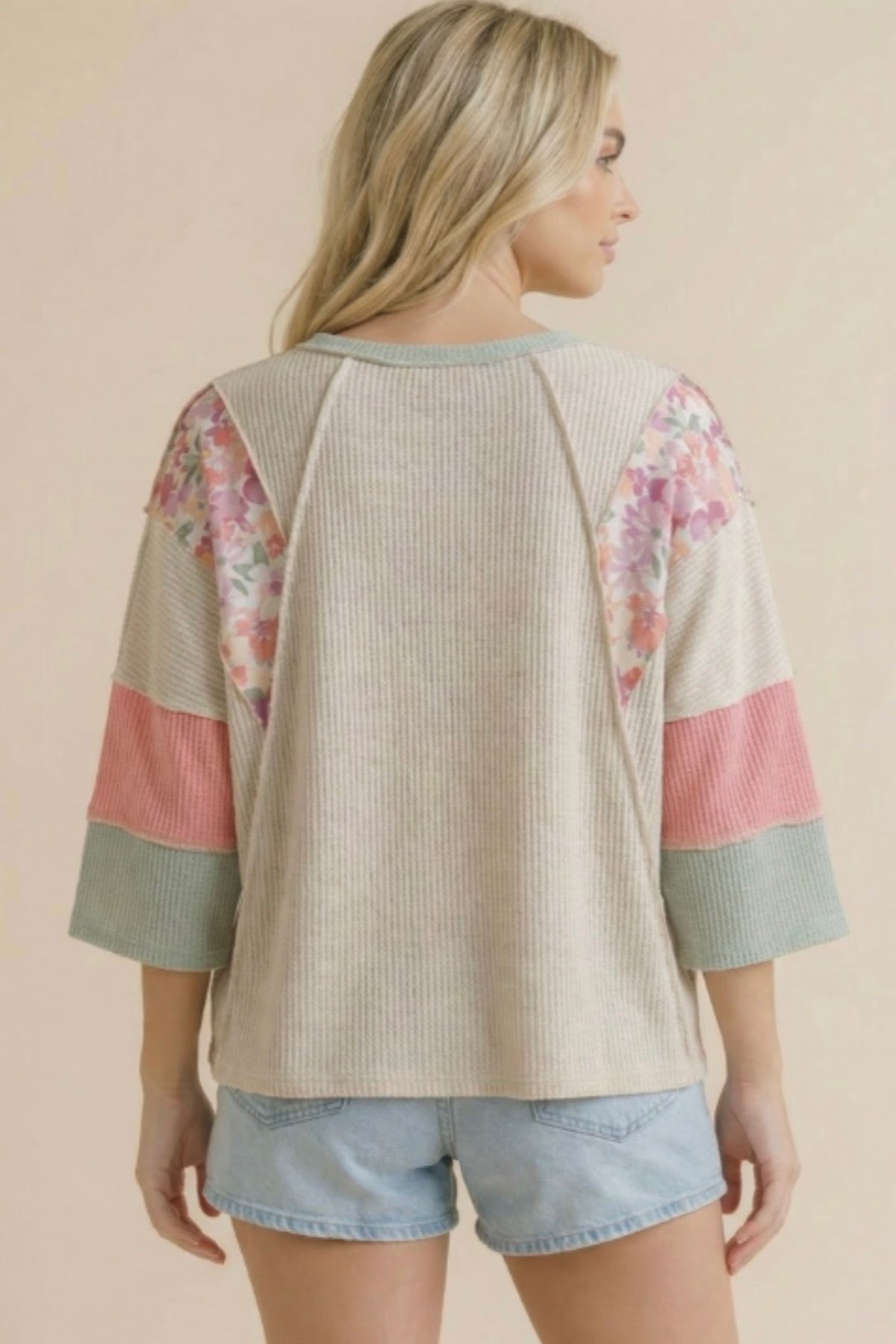 Ribbed Floral Loose Fit Top | Oatmeal/Coral/Sage