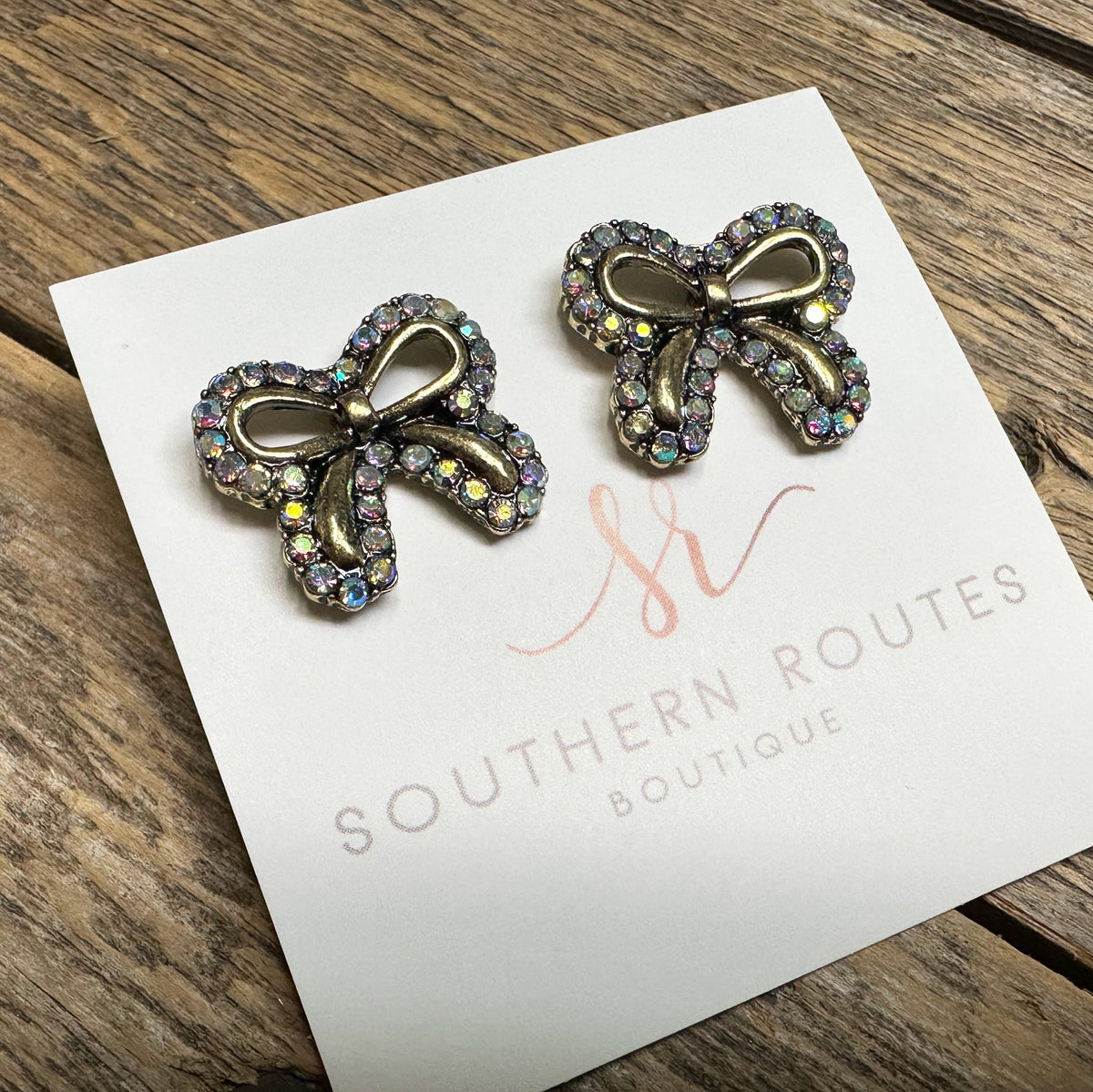 AB Crystal Western Bow Stud Earrings | Worn Gold