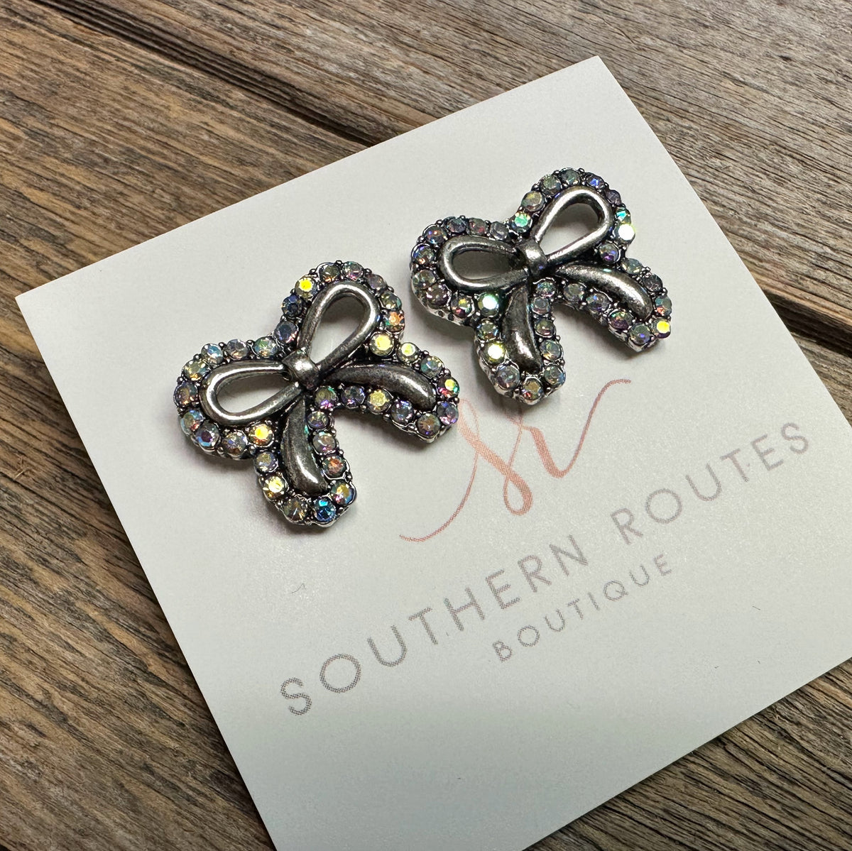 AB Crystal Western Bow Stud Earrings | Worn Silver