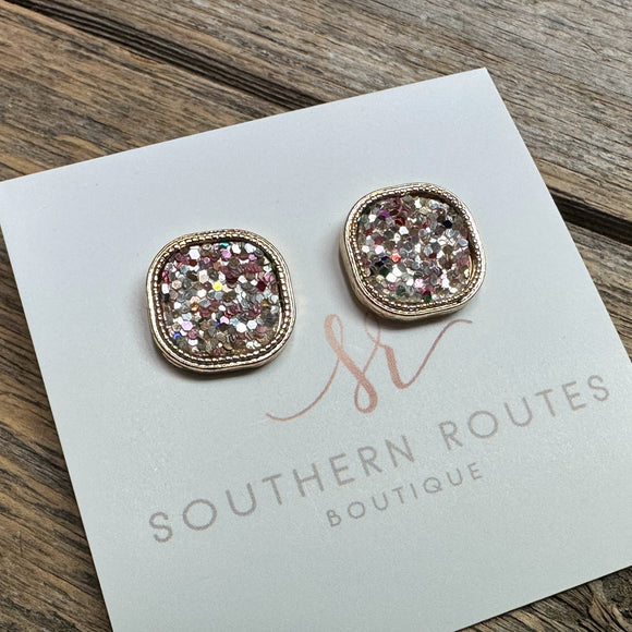 Rounded Glitter Square Stud Earrings | Multi