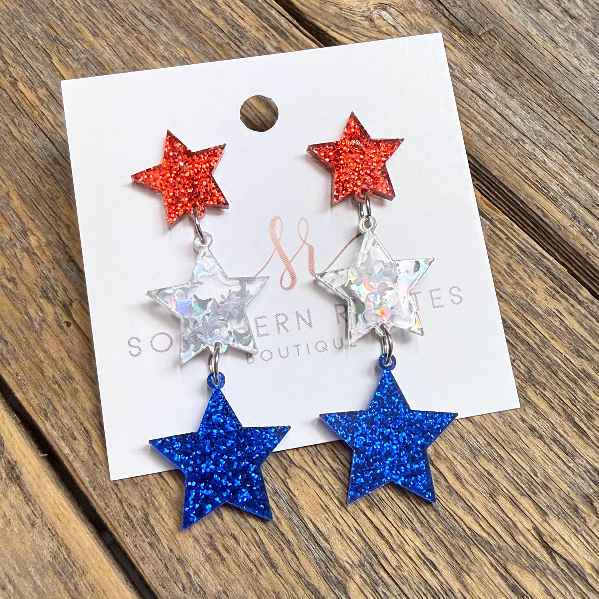Patriotic Glitter Star Trio Earrings | Red/Silver/Blue