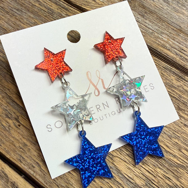 Patriotic Glitter Star Trio Earrings | Red/Silver/Blue