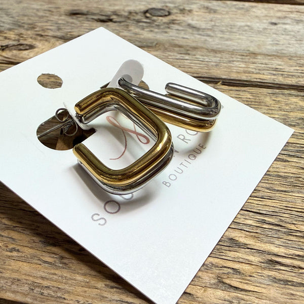 Mixed Metal Boxy Hoop Earrings | 18k Gold-Plated