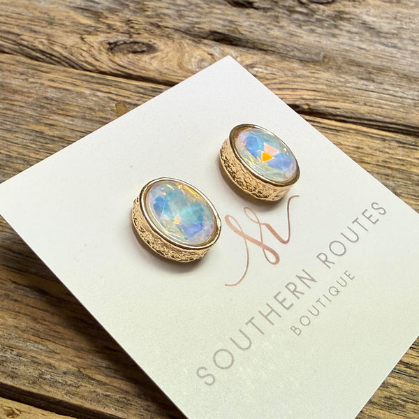 Cushion Cut Oval Stud Earrings | White Opal