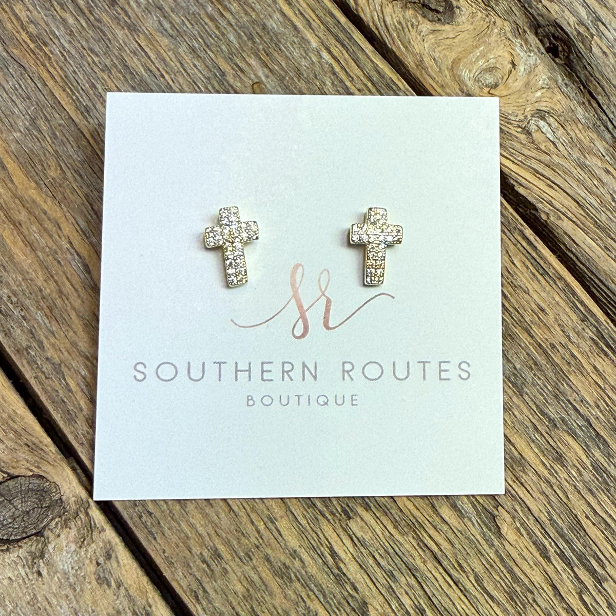 CZ Stone Paved Cross Stud Earrings | Gold