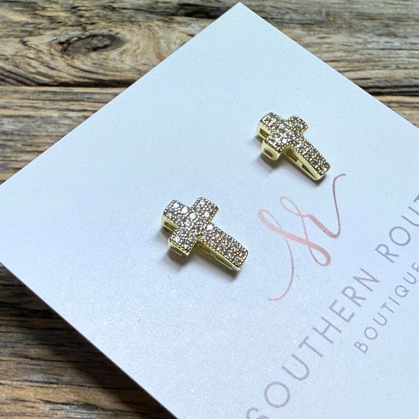 CZ Stone Paved Cross Stud Earrings | Gold