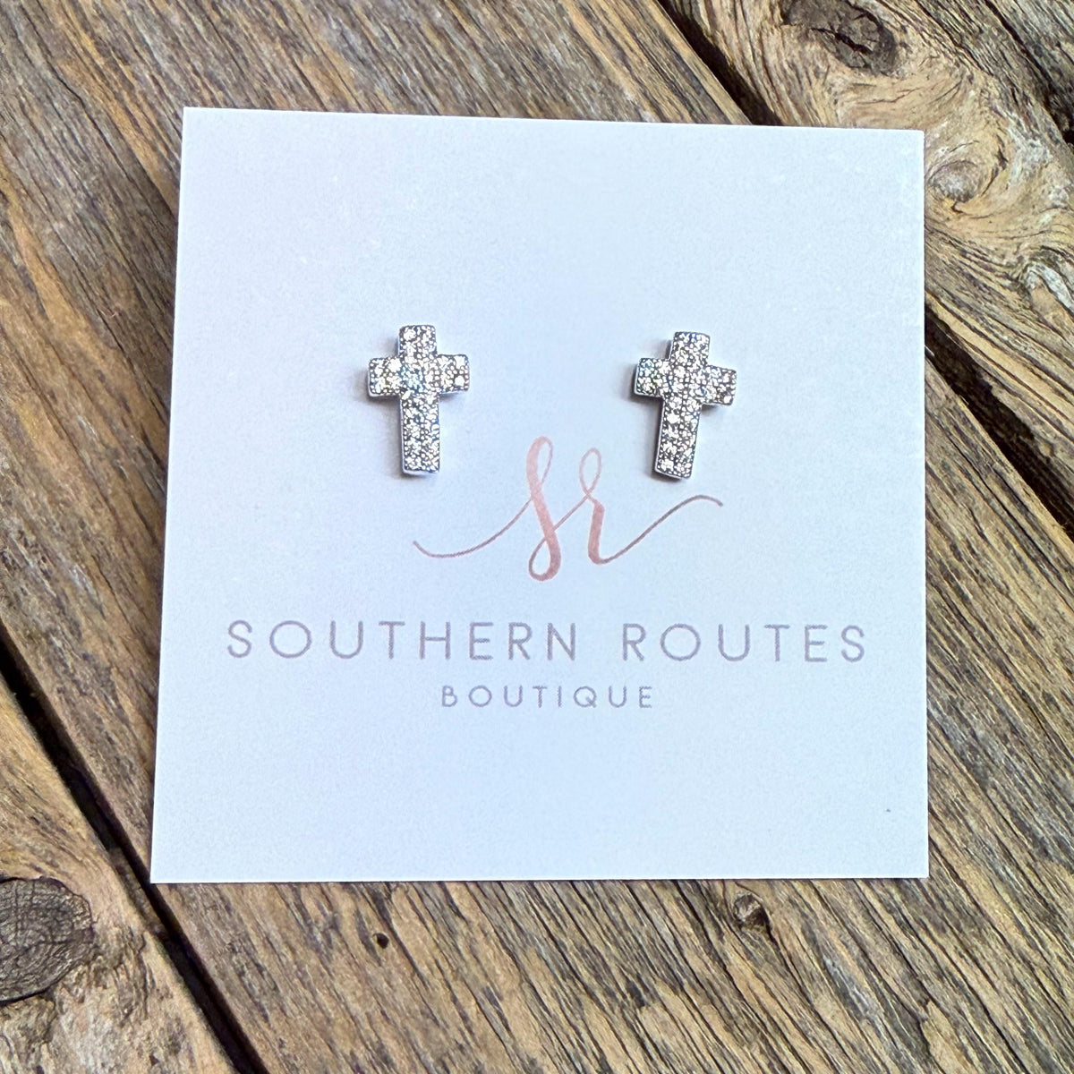 CZ Stone Paved Cross Stud Earrings | Silver