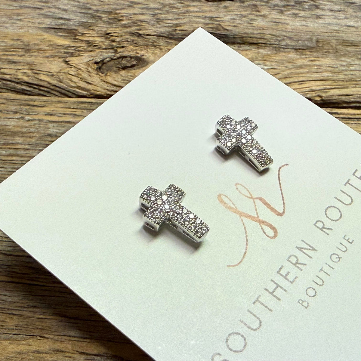 CZ Stone Paved Cross Stud Earrings | Silver