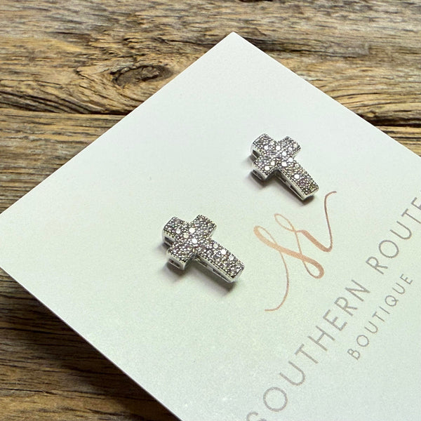 CZ Stone Paved Cross Stud Earrings | Silver