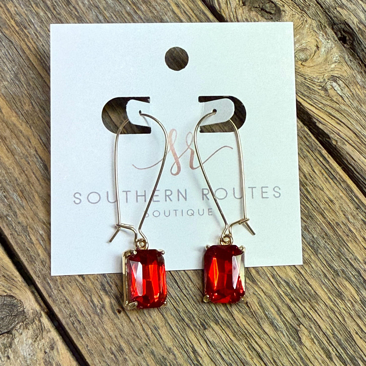 Rectangular Glass Stone Drop Earrings | Red