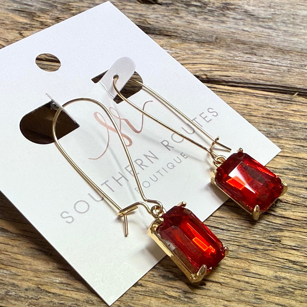 Rectangular Glass Stone Drop Earrings | Red