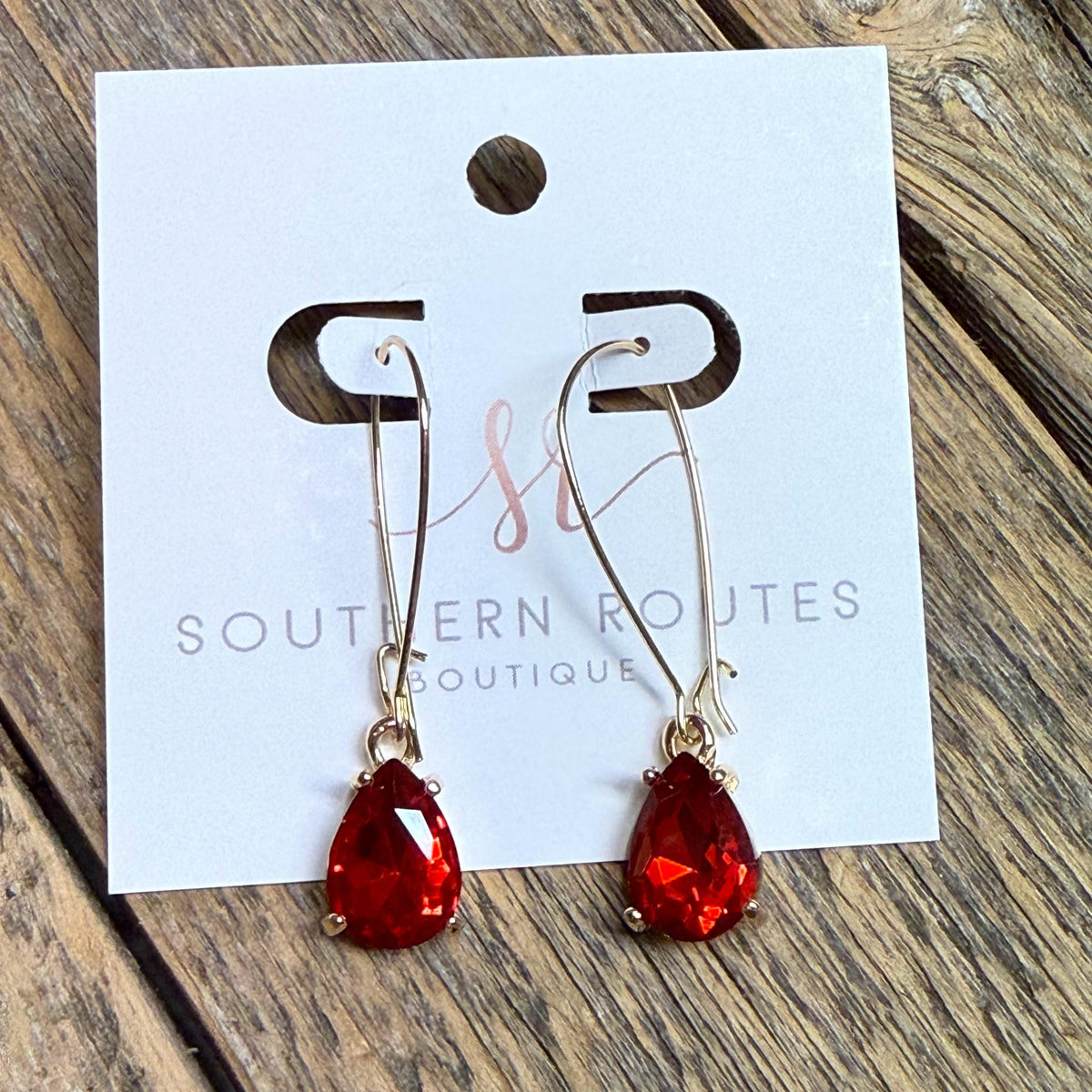 Teardrop Glass Stone Drop Earrings | Red