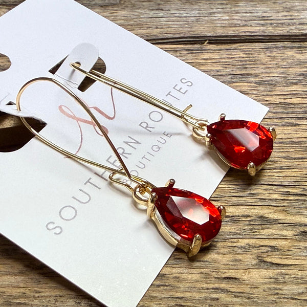 Teardrop Glass Stone Drop Earrings | Red