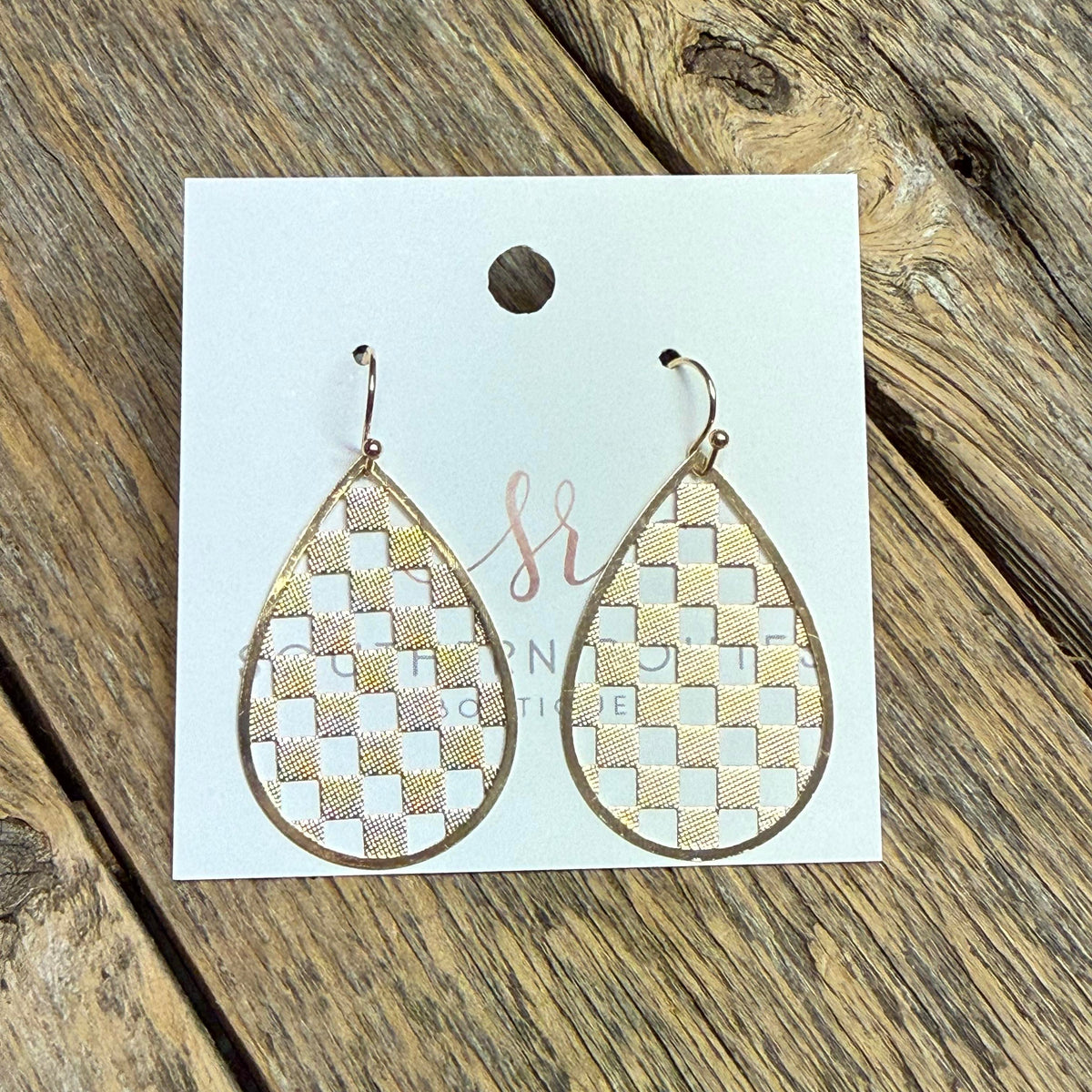 Checkered Cutout Teardrop Earrings | Gold