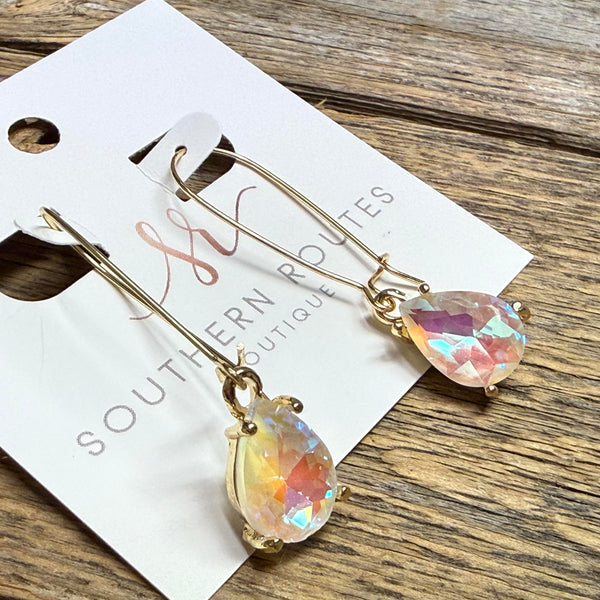 Teardrop Glass Stone Drop Earrings | White AB