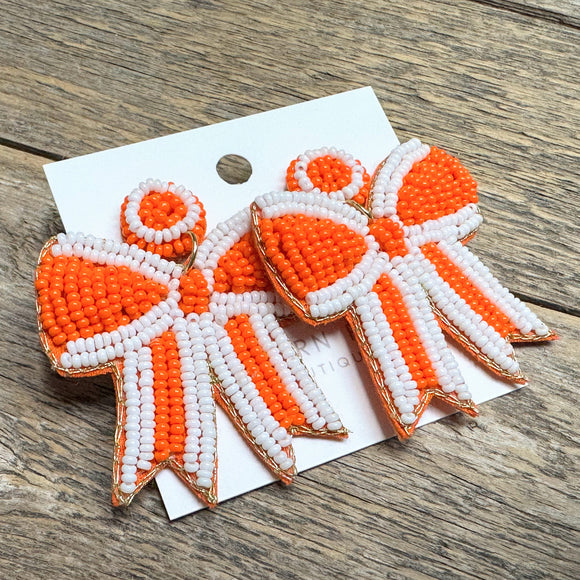 Astros Bow Seed Bead Earrings | Orange+White