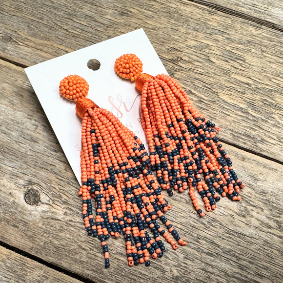 Astros Long Seed Bead Earrings | Orange+Blue