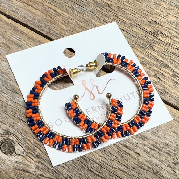 Astros Checker Seed Bead Hoop Earrings | Orange+Blue