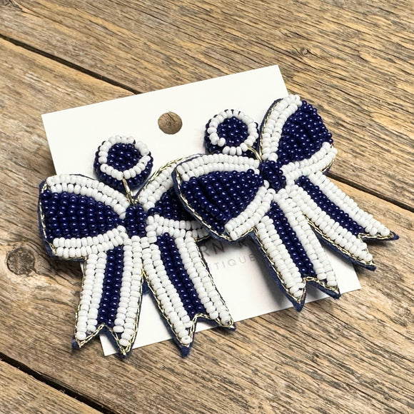 Astros Bow Seed Bead Earrings | Blue+White
