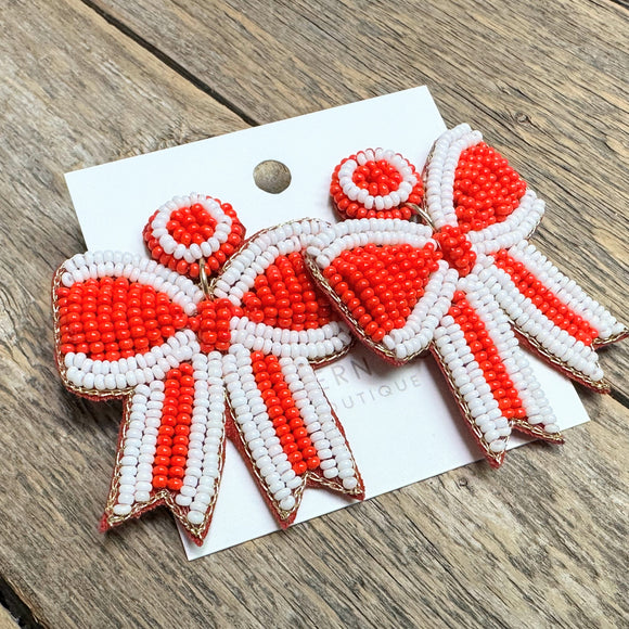 Bow Seed Bead Earrings | Red+White