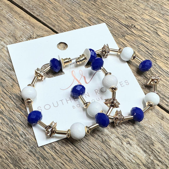 Beaded Hoop Earrings | Royal Blue+White