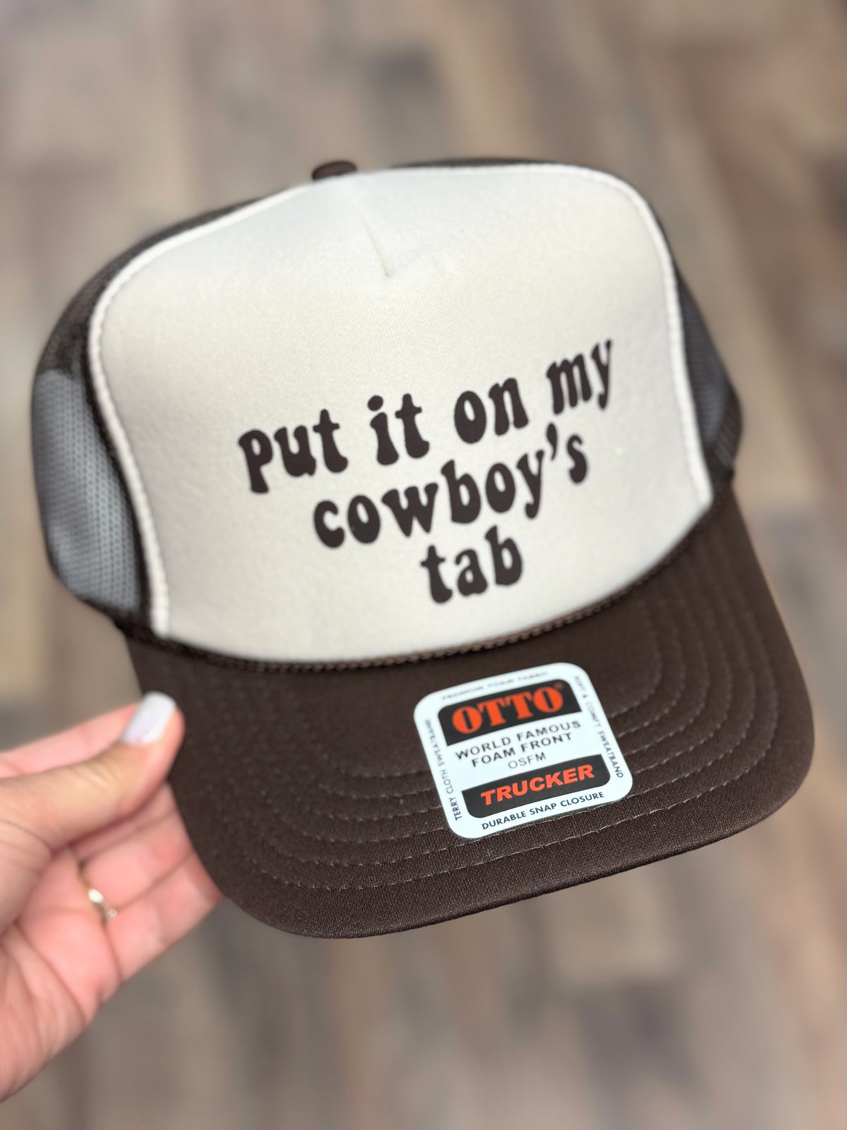 Put It On My Cowboys Tab Trucker Cap | Brown