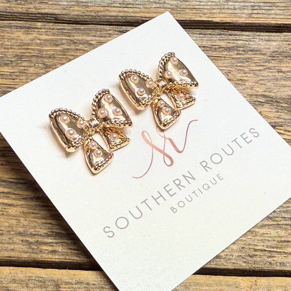 Pearl Embellished Bow Stud Earrings | Gold