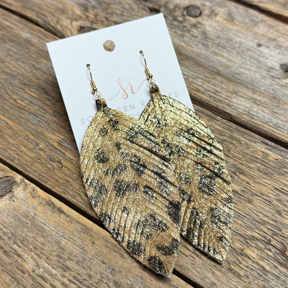 XLarge Fringe Shimmer Genuine Leather Earrings | Gold Leopard