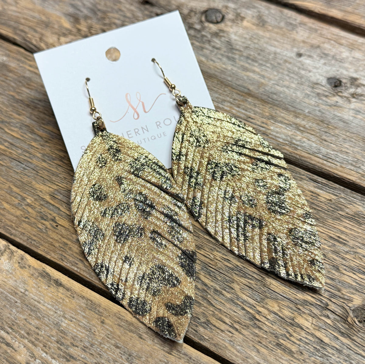 XLarge Fringe Shimmer Genuine Leather Earrings | Gold Leopard