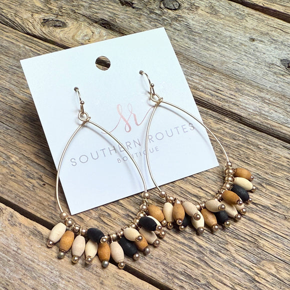 Wooden Beaded Teardrop Earrings | Brown Mix