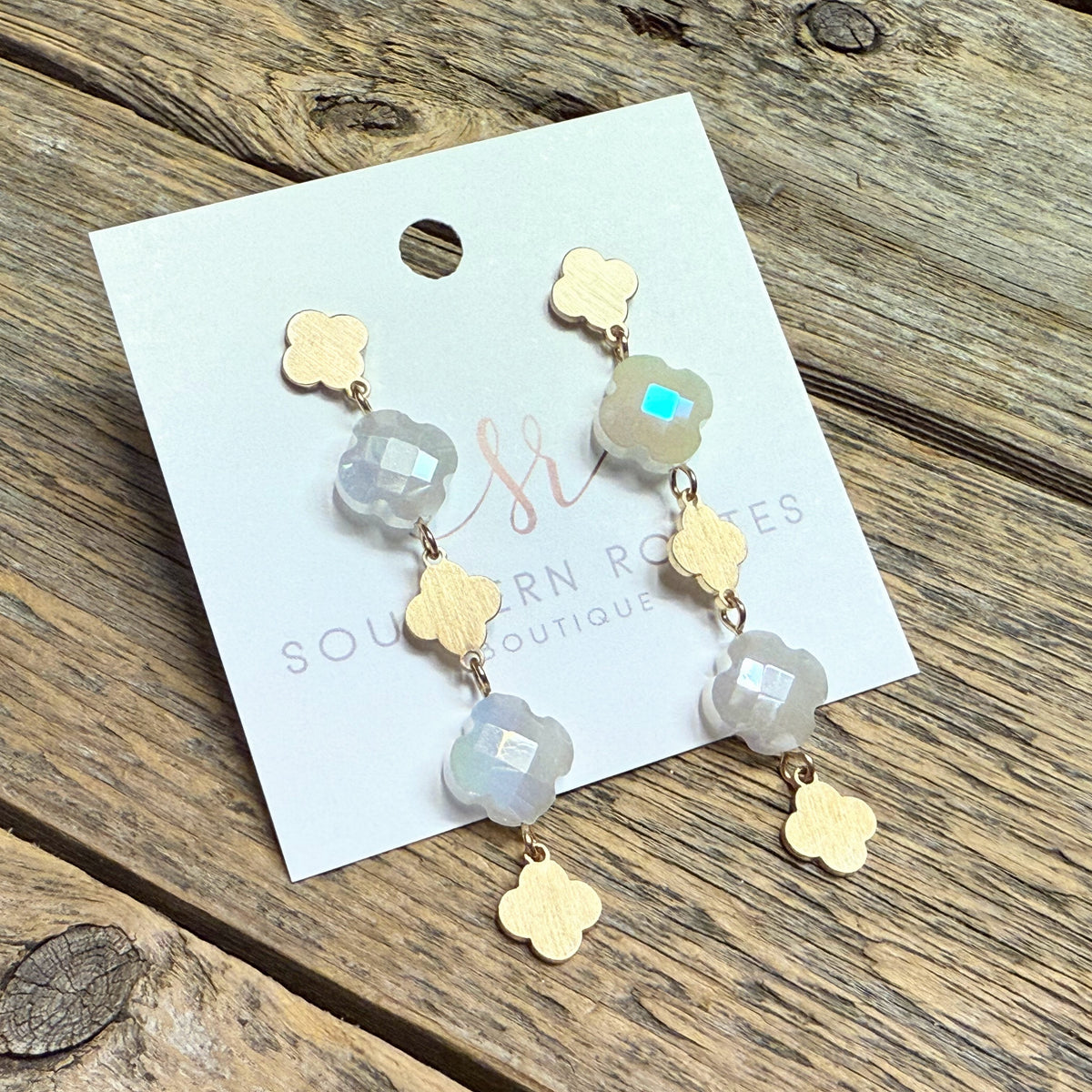 Linear Clover Dangle Drop Earrings | Gold/White