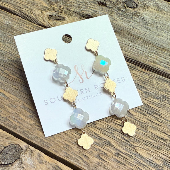 Linear Clover Dangle Drop Earrings | Gold/White