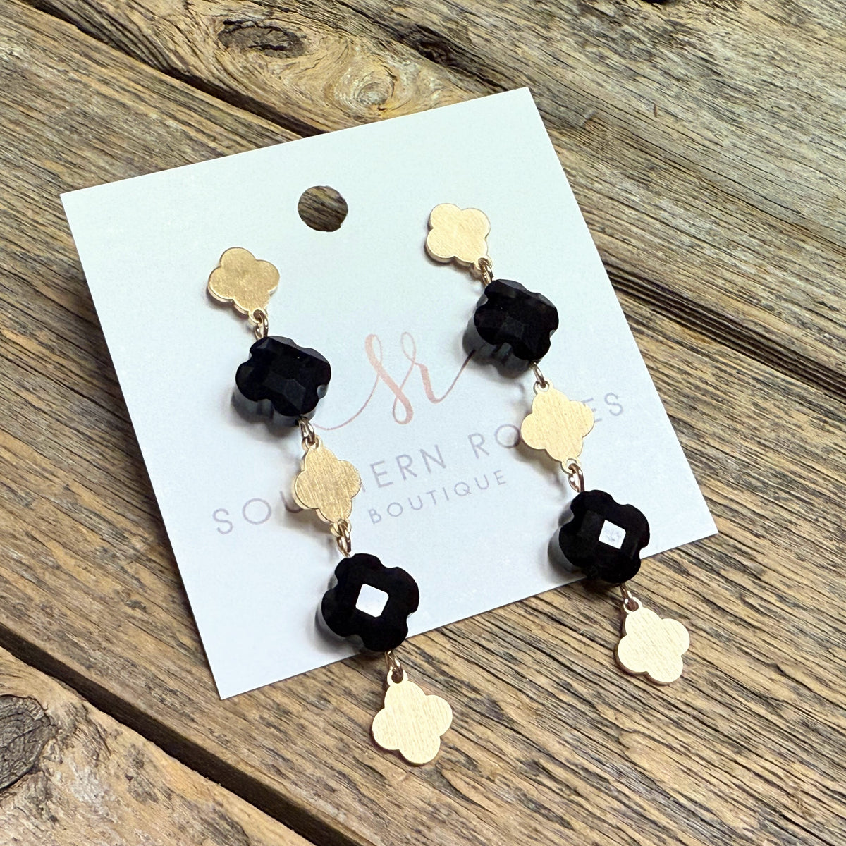 Linear Clover Dangle Drop Earrings | Gold/Black