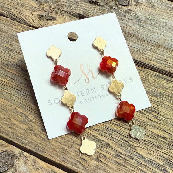 Linear Clover Dangle Drop Earrings | Gold/Berry