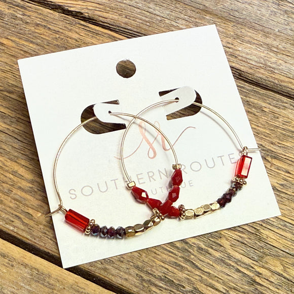 Wire Hoop Beaded Earrings | Red