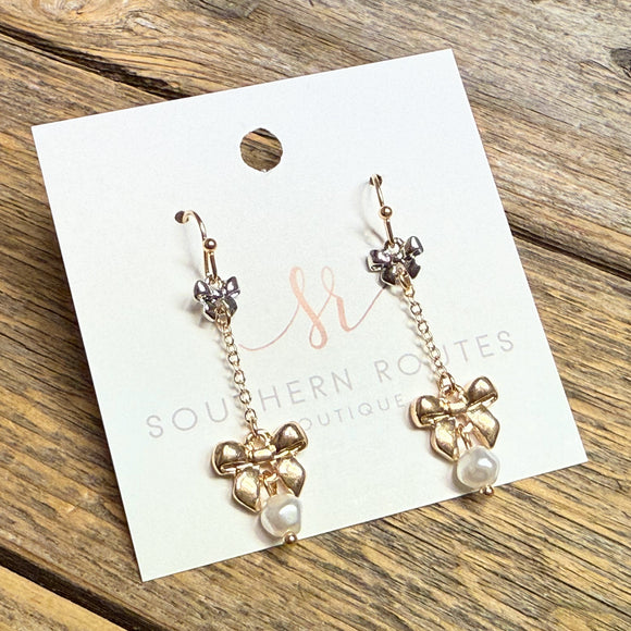 Bow+Pearl Drop Earrings | Gold