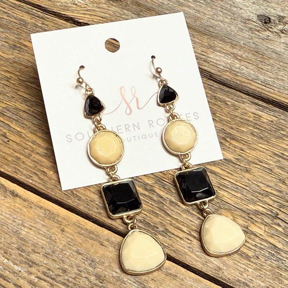 Multi Shape Glass Stone Earrings | Black/Cream