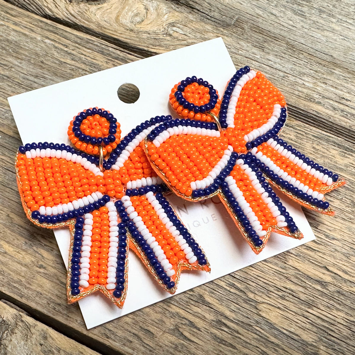 Astros Bow Seed Bead Earrings | Orange+Blue+White