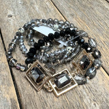 Beaded Bracelet Stack Set | Black Square Crystal