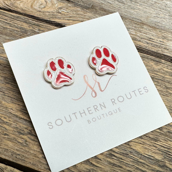 Cougar Paw Metal Stud Earrings | Red+White